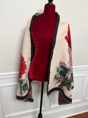 Marcus Adler New York Floral Oversized Wrap Shawl in Cream, Red & Green